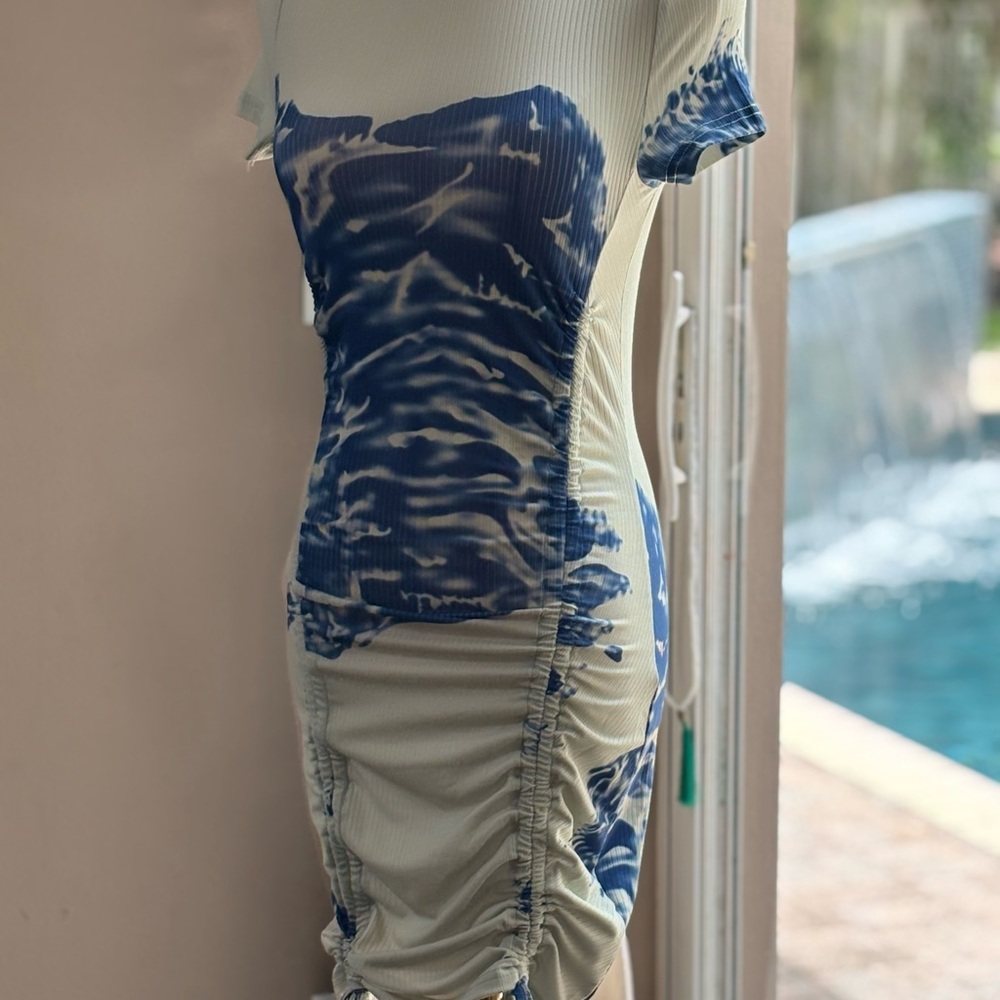 NWT Sexy Drawstring Mini Blue and Cream Ruched Dress